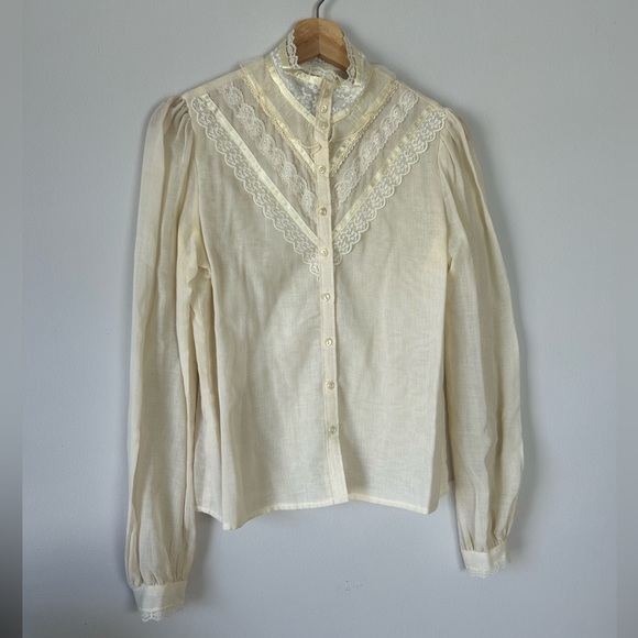 Vintage 70’s Jessica's Gunne Sax Gauzy Cream Lace Edwardian Prairie Blouse - Picture 3 of 12